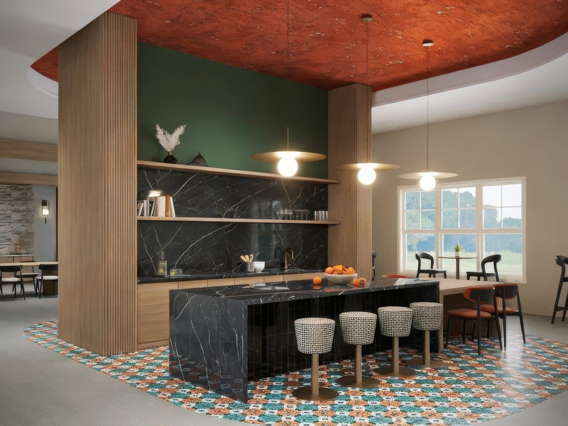 A cozy room featuring a couch and a large window showcasing a stunning view of the city skyline